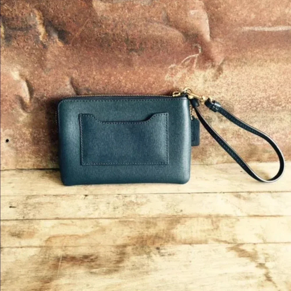 Coach Wallet Saffiano Leather L-Zip Navy Blue Card Phone Wristlet